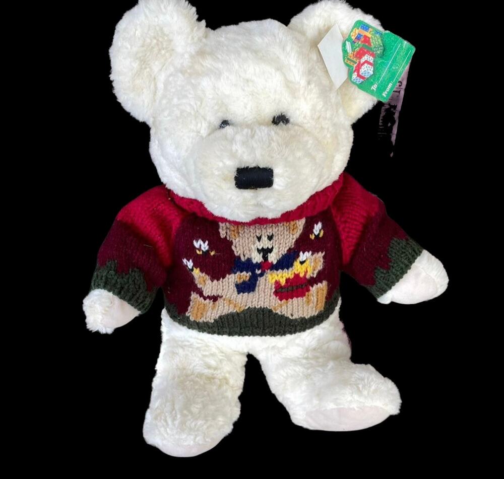 Vintage White Teddy Bear Plush Knit Sweater w/ Bear 15" TAGS 90s Stuffed Animal